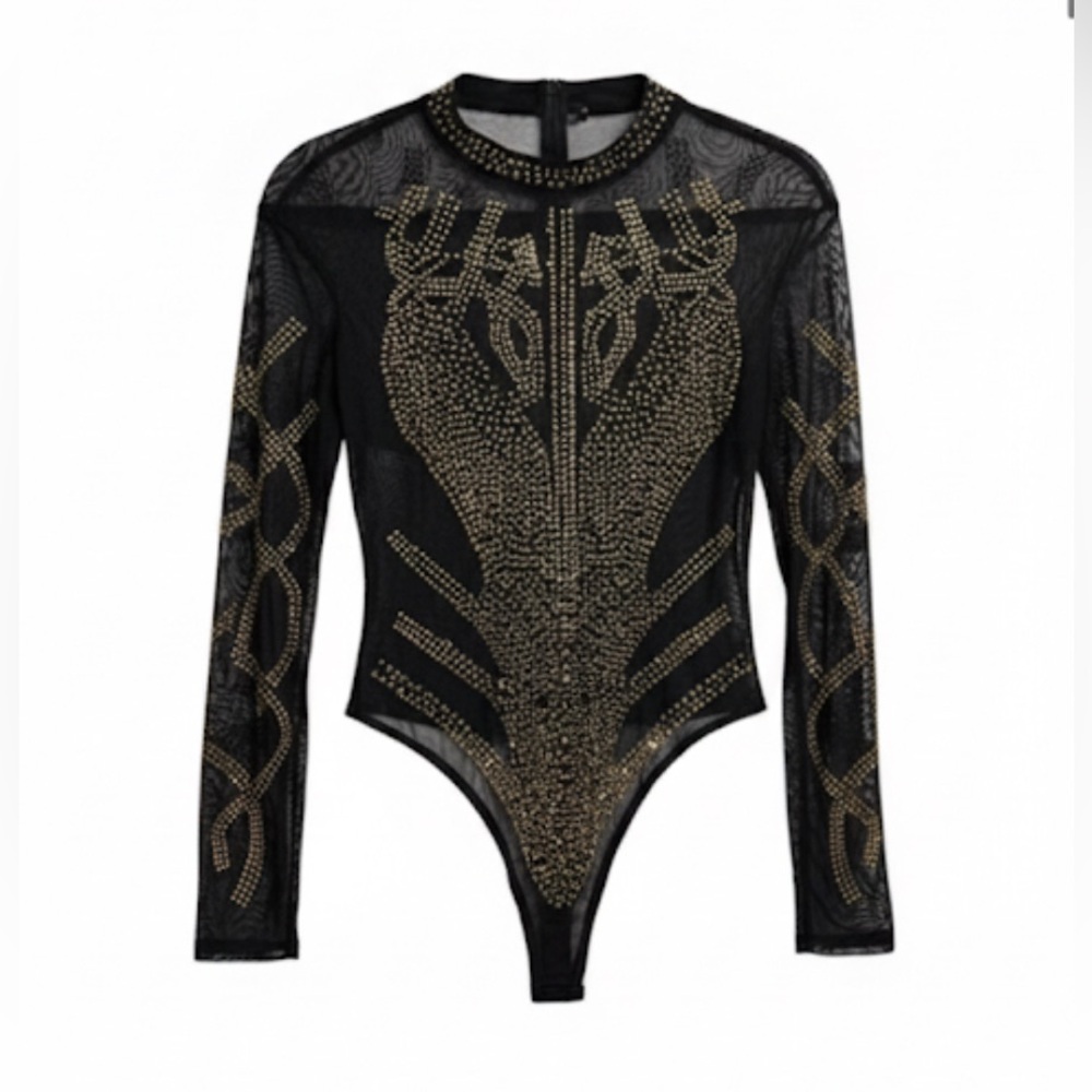 New Shawhuwa Black/ Gold Rhinestone MeshBodysuit
